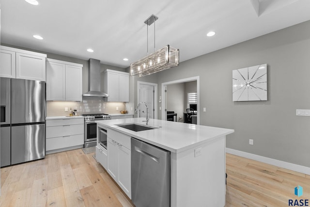 kitchen with wall chimney exhaust hood, sink, stainless steel appliances, a kitchen island with sink, and white cabinets