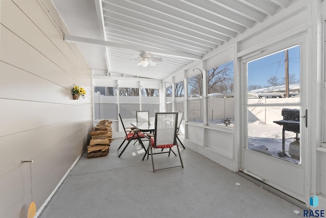 sunroom / solarium featuring ceiling fan and lofted ceiling with beams