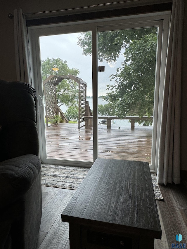 doorway with a water view and hardwood / wood-style floors