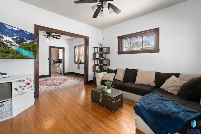 living room featuring ceiling fan and hardwood / wood-style floors