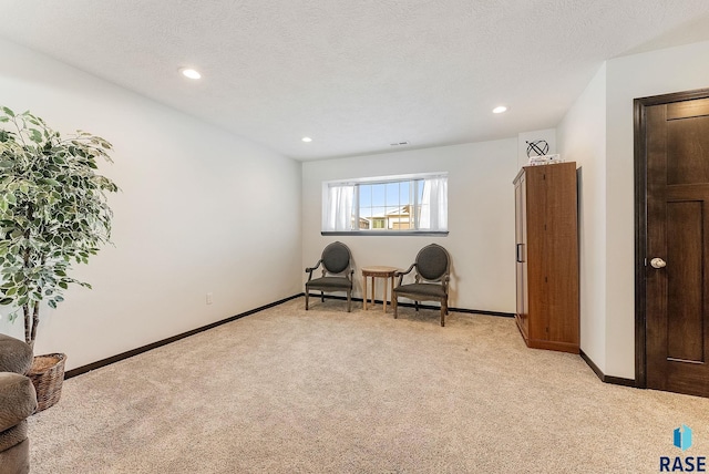 living area with a textured ceiling and light carpet