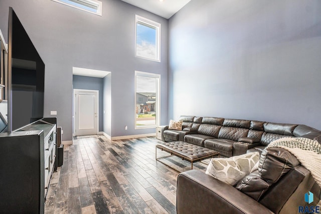 living room featuring a high ceiling and hardwood / wood-style floors