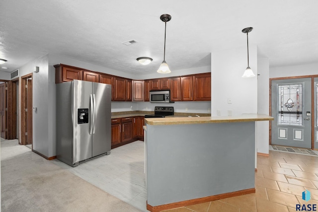 kitchen featuring light colored carpet, stainless steel appliances, hanging light fixtures, and kitchen peninsula