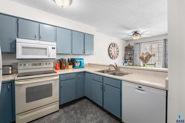 kitchen with white appliances, a textured ceiling, ceiling fan, blue cabinets, and sink