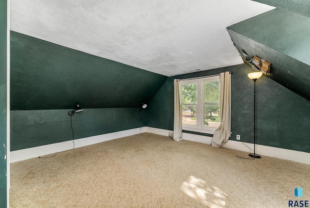 additional living space featuring lofted ceiling, carpet flooring, and a textured ceiling