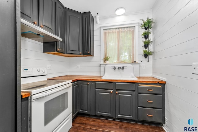 kitchen with electric stove, gray cabinetry, dark hardwood / wood-style flooring, and butcher block countertops