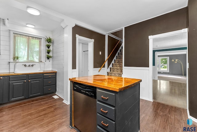 kitchen featuring sink, stainless steel dishwasher, dark hardwood / wood-style floors, and butcher block countertops