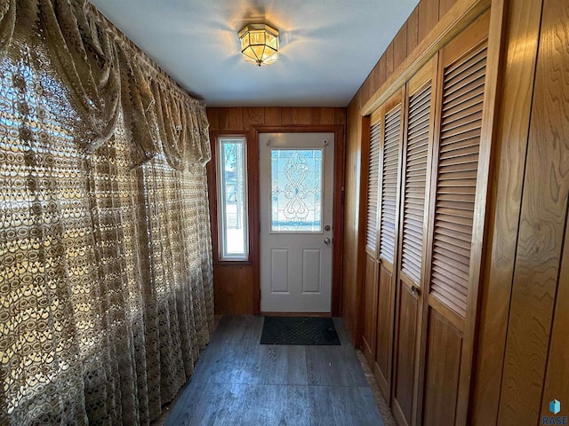 doorway featuring wood walls