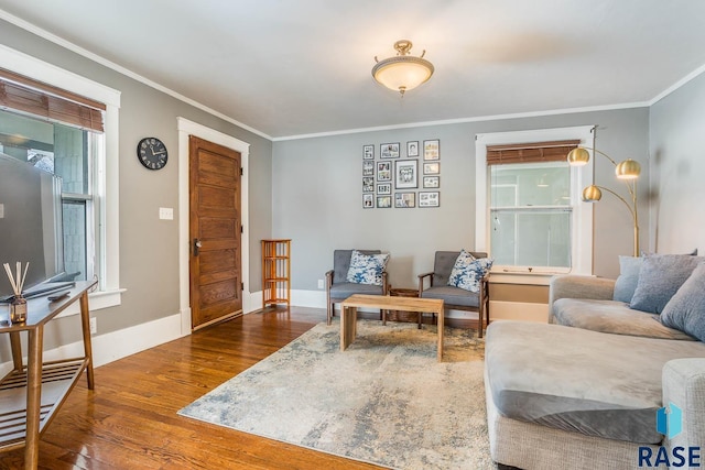 living room featuring baseboards, crown molding, and dark wood-type flooring