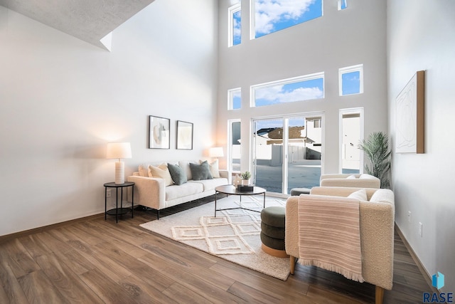 living area featuring a wealth of natural light, baseboards, and wood finished floors