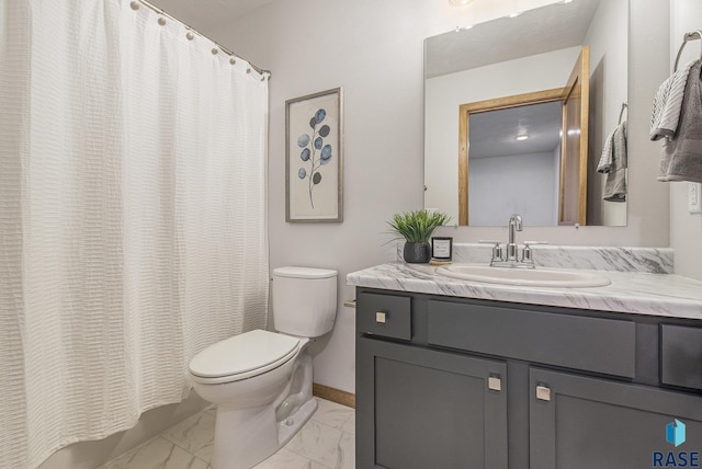 full bathroom with toilet, vanity, baseboards, marble finish floor, and a shower with curtain