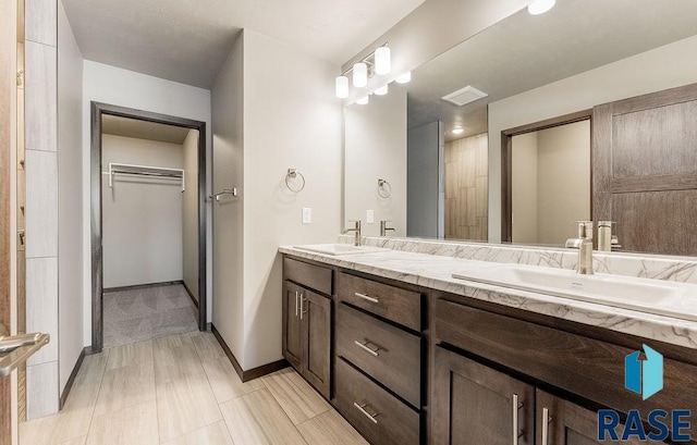 bathroom featuring double vanity, a spacious closet, baseboards, and a sink