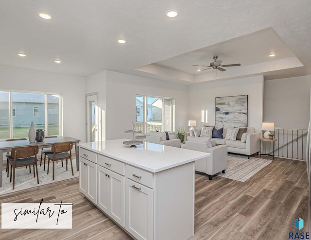 kitchen with white cabinets, a kitchen island, open floor plan, a tray ceiling, and light countertops