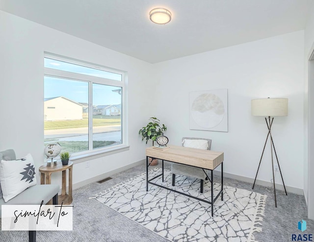 carpeted office space with visible vents and baseboards