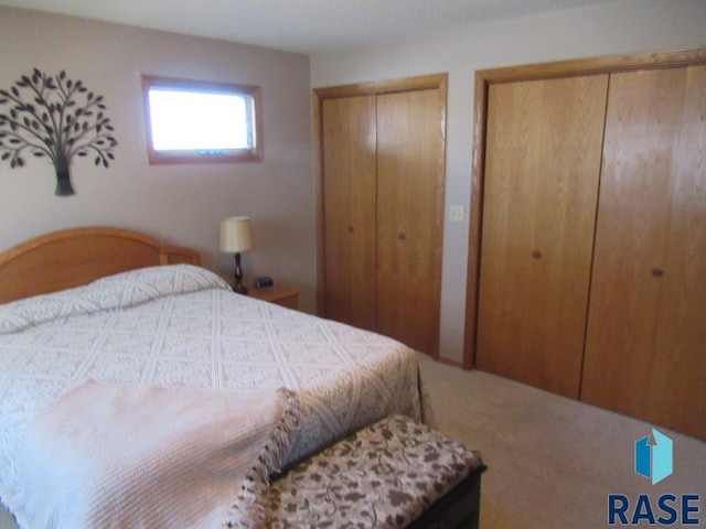 bedroom with carpet floors and multiple closets