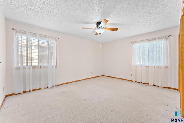 empty room featuring light carpet, plenty of natural light, a textured ceiling, and baseboards