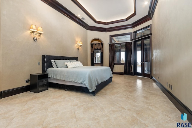 bedroom with arched walkways, baseboards, visible vents, and crown molding