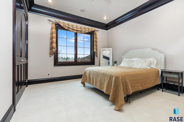 bedroom featuring ornamental molding, recessed lighting, light carpet, and baseboards