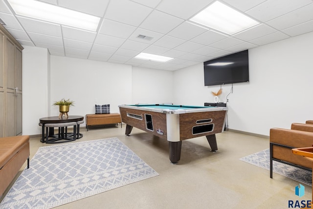 recreation room with a paneled ceiling, baseboards, billiards, and visible vents