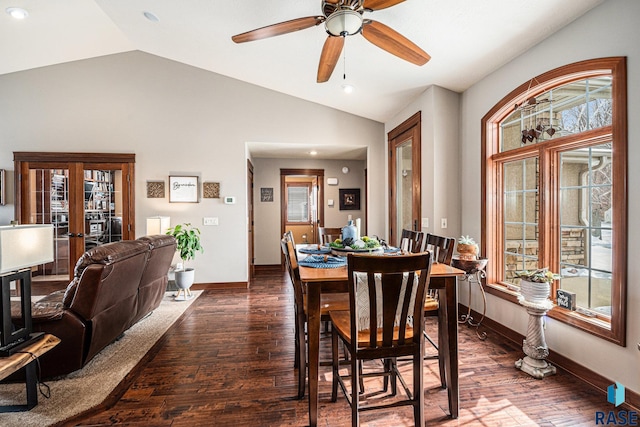 dining room with dark wood-style floors, recessed lighting, a ceiling fan, vaulted ceiling, and baseboards