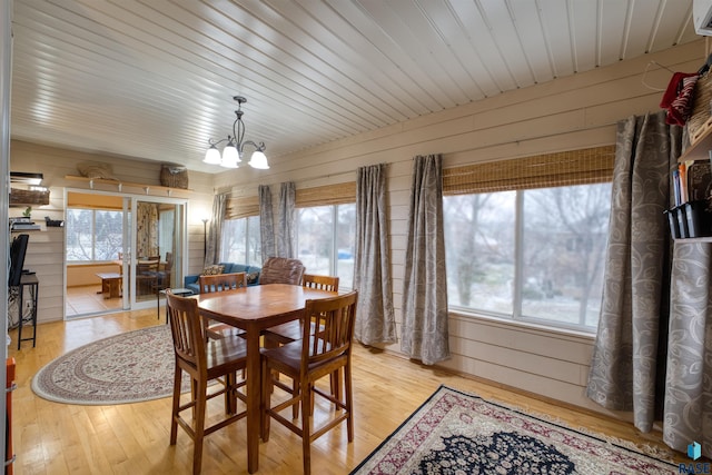 dining room featuring a chandelier, wooden ceiling, light wood-style flooring, and wooden walls