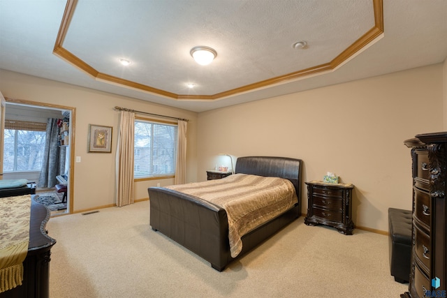 bedroom featuring a raised ceiling, multiple windows, and carpet flooring