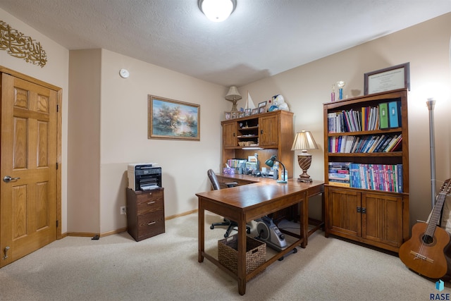 office space with light carpet, baseboards, and a textured ceiling