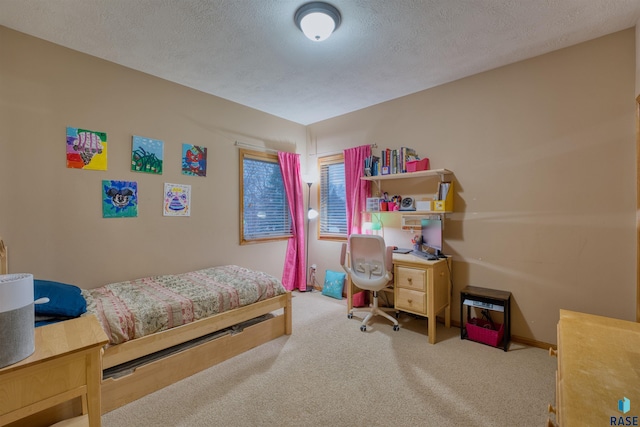 carpeted bedroom with a textured ceiling