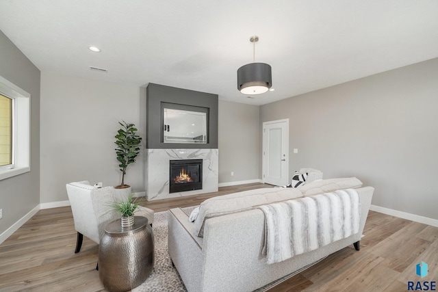 living area with light wood-style floors, a premium fireplace, and baseboards