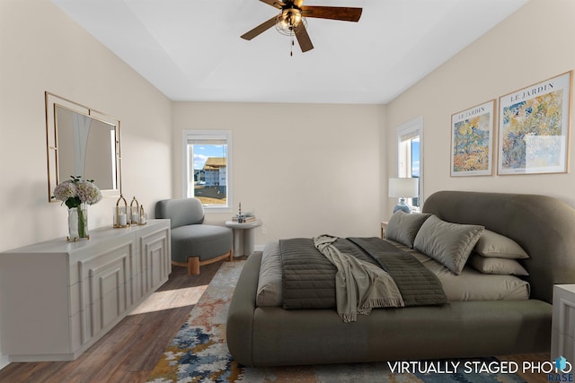 bedroom featuring ceiling fan, a raised ceiling, multiple windows, and wood finished floors