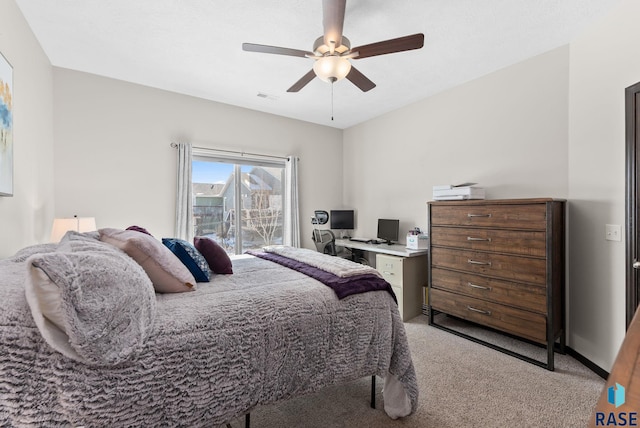 bedroom with baseboards, visible vents, a ceiling fan, and light colored carpet