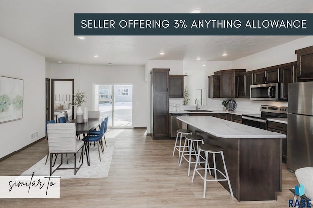 kitchen featuring a sink, appliances with stainless steel finishes, light wood-type flooring, a center island, and tasteful backsplash