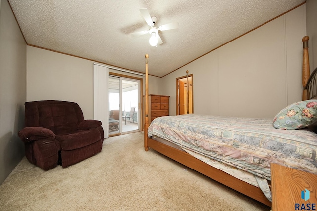 bedroom with ornamental molding, access to outside, a textured ceiling, and carpet