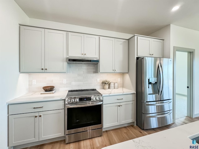 kitchen with stainless steel appliances, light wood-style floors, under cabinet range hood, and decorative backsplash