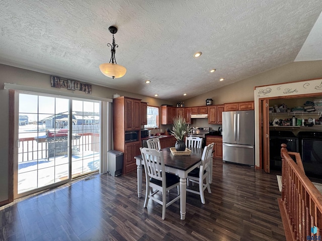 dining area featuring dark wood-style floors, lofted ceiling, and recessed lighting