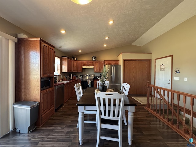 dining space with dark wood finished floors, vaulted ceiling, and recessed lighting