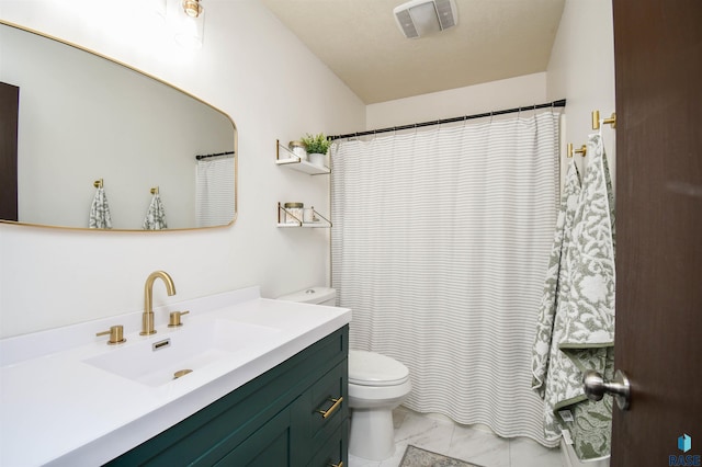 full bathroom with marble finish floor, visible vents, vanity, and toilet