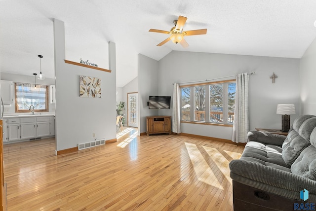 living area featuring a wealth of natural light, light wood-type flooring, and visible vents