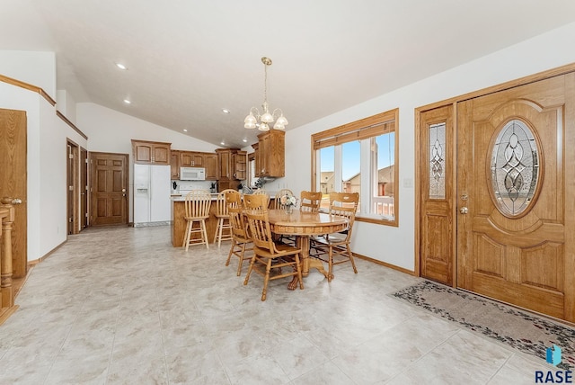 dining room featuring lofted ceiling, recessed lighting, baseboards, and a notable chandelier