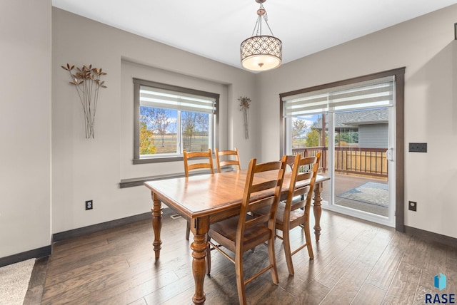 dining space with dark wood-style floors and baseboards