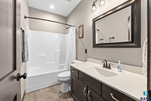 full bath with toilet, tile patterned flooring, shower / tub combo with curtain, and vanity