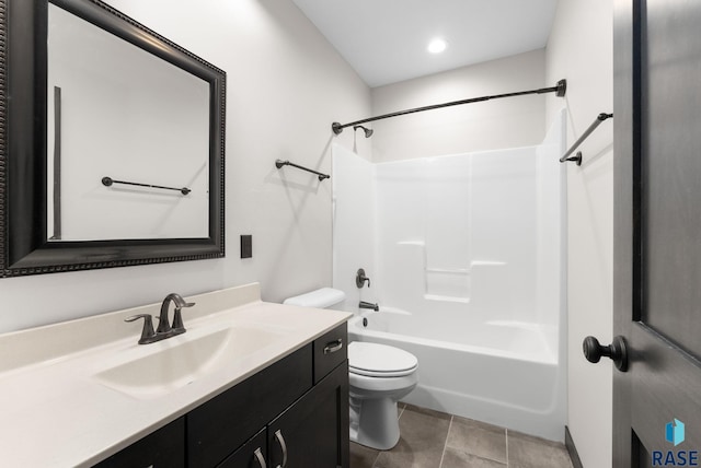 full bathroom with shower / bath combination, vanity, toilet, and tile patterned floors