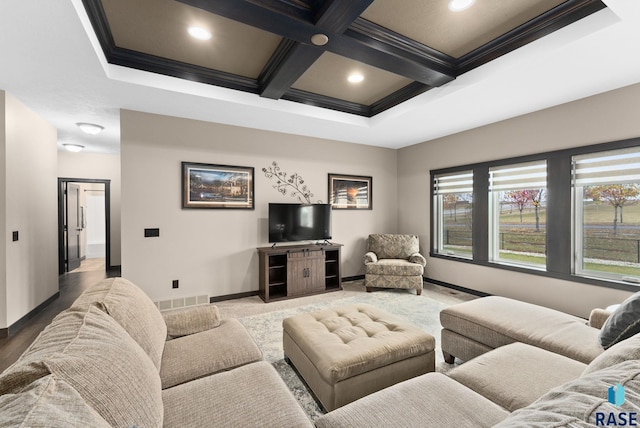 living area featuring crown molding, visible vents, coffered ceiling, beamed ceiling, and baseboards