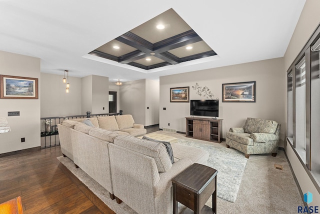 living room featuring baseboards, coffered ceiling, dark wood-style floors, beamed ceiling, and recessed lighting