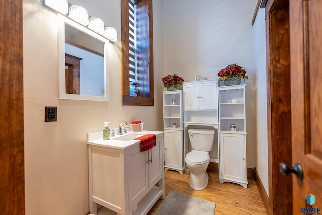 bathroom featuring vanity, toilet, and wood finished floors