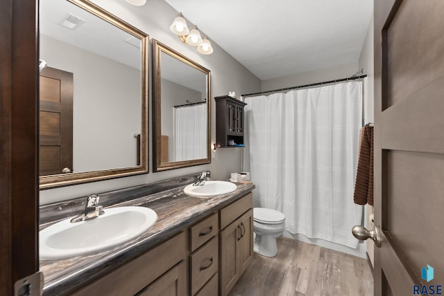 bathroom featuring toilet, double vanity, a sink, and wood finished floors