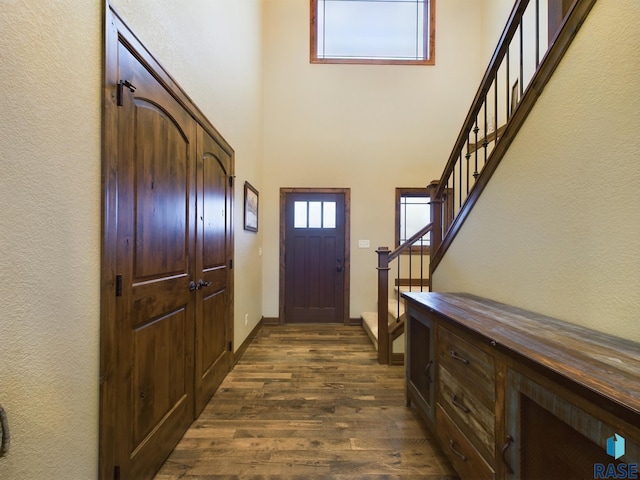 foyer with stairs, a high ceiling, and dark wood-type flooring