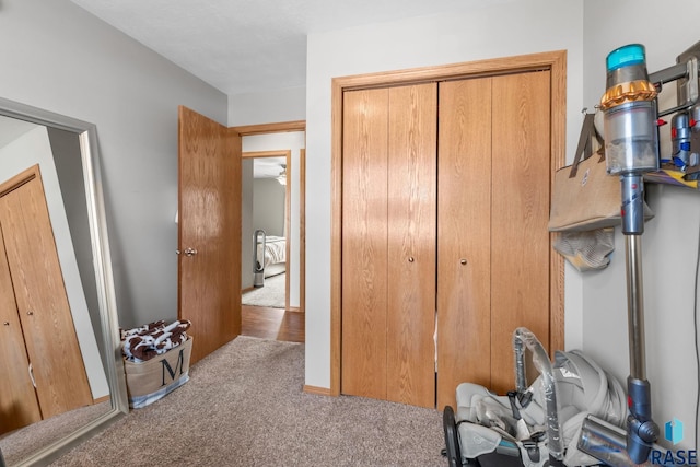 bedroom with light carpet and a closet