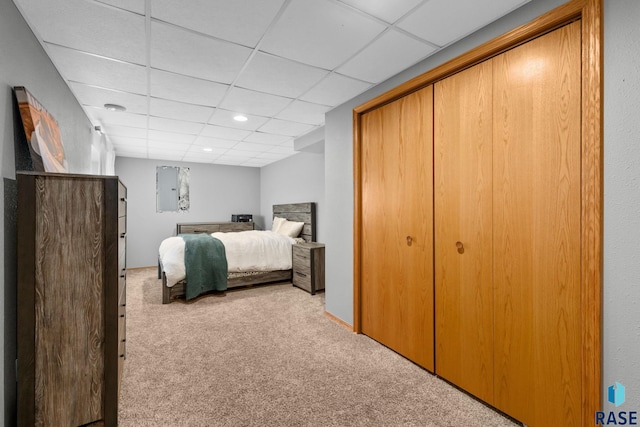 bedroom featuring a closet, light colored carpet, and a drop ceiling