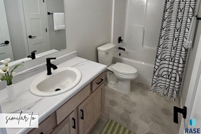 bathroom featuring toilet, shower / bath combination with curtain, and vanity